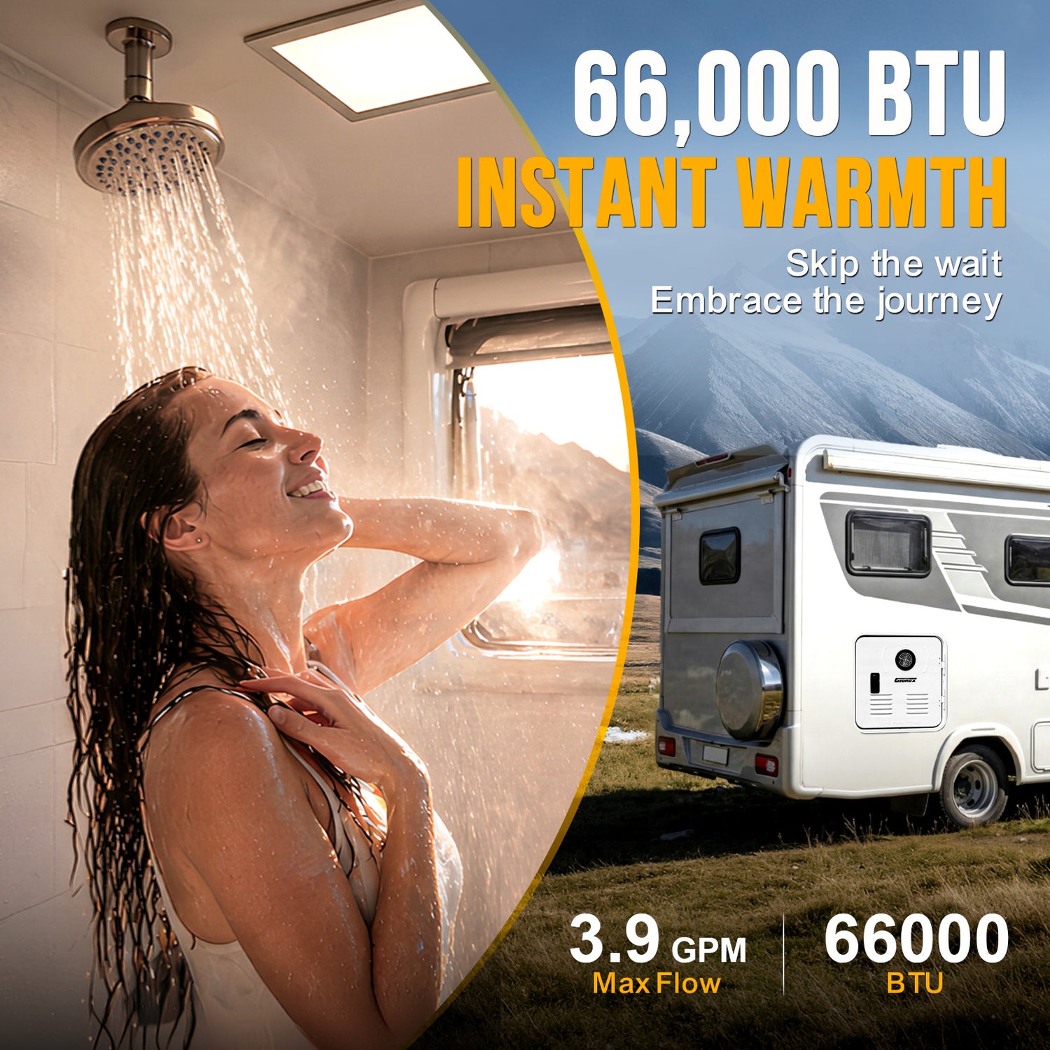 66,000 BTU RV Tankless Water Heater, 3.9 GPM On-Demand Instant Hot Water, 12V DC